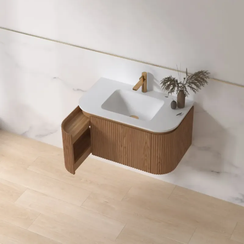 Lambini Designs Eleganza rond badmeubel 80cm acacia met ribbelfront en keramiek wastafel met kraangat Shop Nu