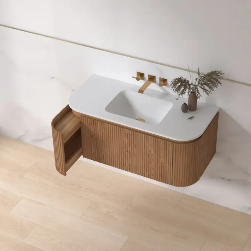 Koop Vandaag Lambini Designs Eleganza rond badmeubel 100cm acacia met ribbelfront en keramiek wastafel zonder kraangat