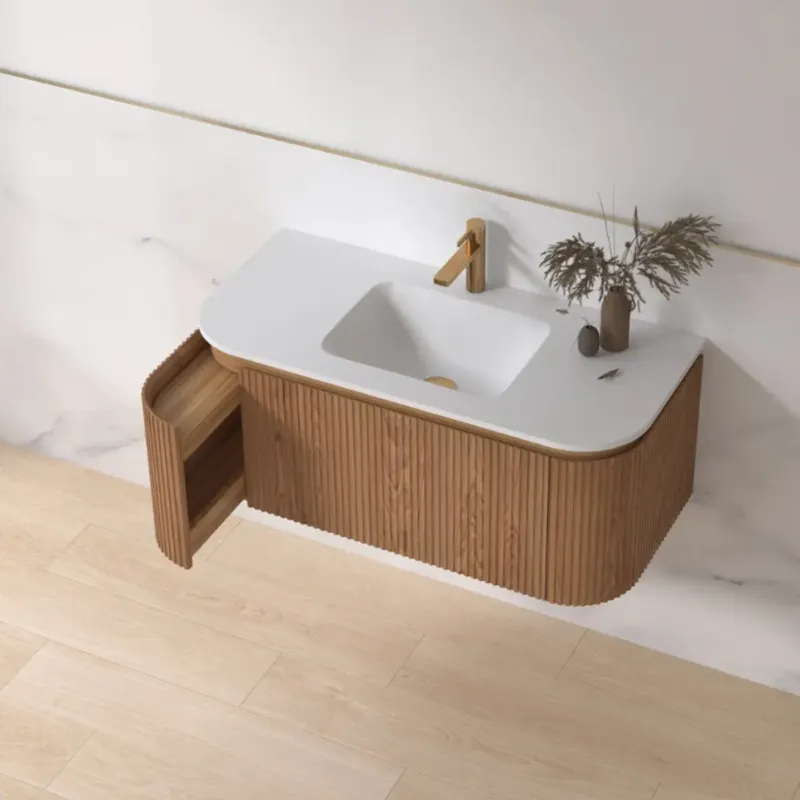 Lambini Designs Eleganza rond badmeubel 100cm acacia met ribbelfront en keramiek wastafel met kraangat Lage Kosten