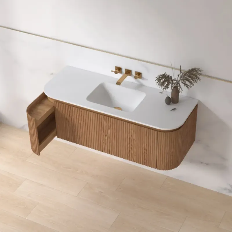 Beste Prijs Lambini Designs Eleganza rond badmeubel 120cm acacia met ribbelfront en keramiek wastafel zonder kraangat