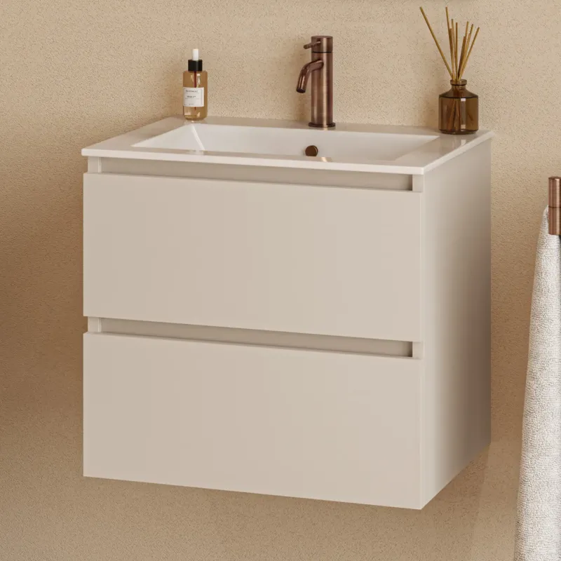 Fontana Rovigo badmeubel 60cm met witte wastafel en kraangat warm linnen Fabrieksprijs