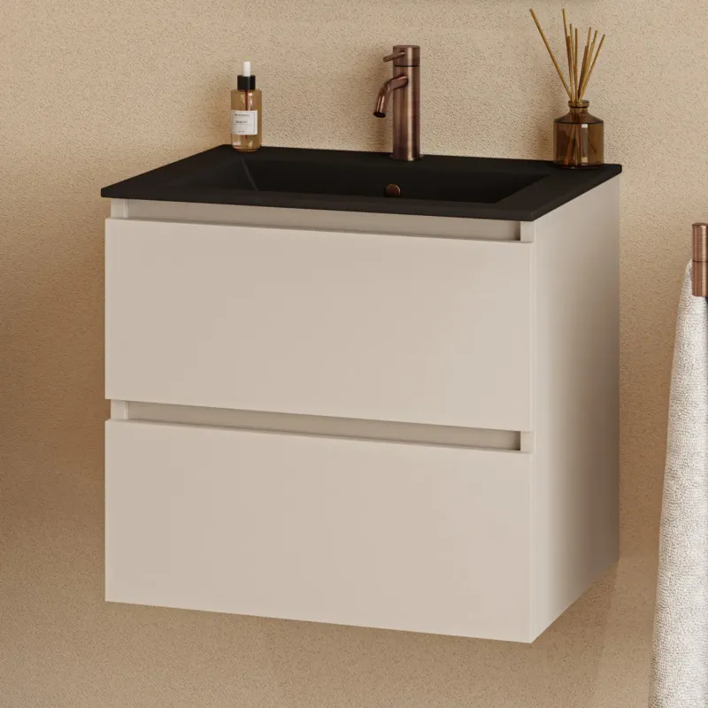 Fontana Rovigo badmeubel 60cm met zwarte wastafel en kraangat warm linnen Bestseller