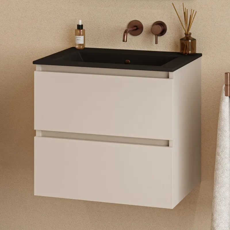 Fontana Rovigo badmeubel 60cm met zwarte wastafel zonder kraangat warm linnen Tijdelijk Beschikbaar