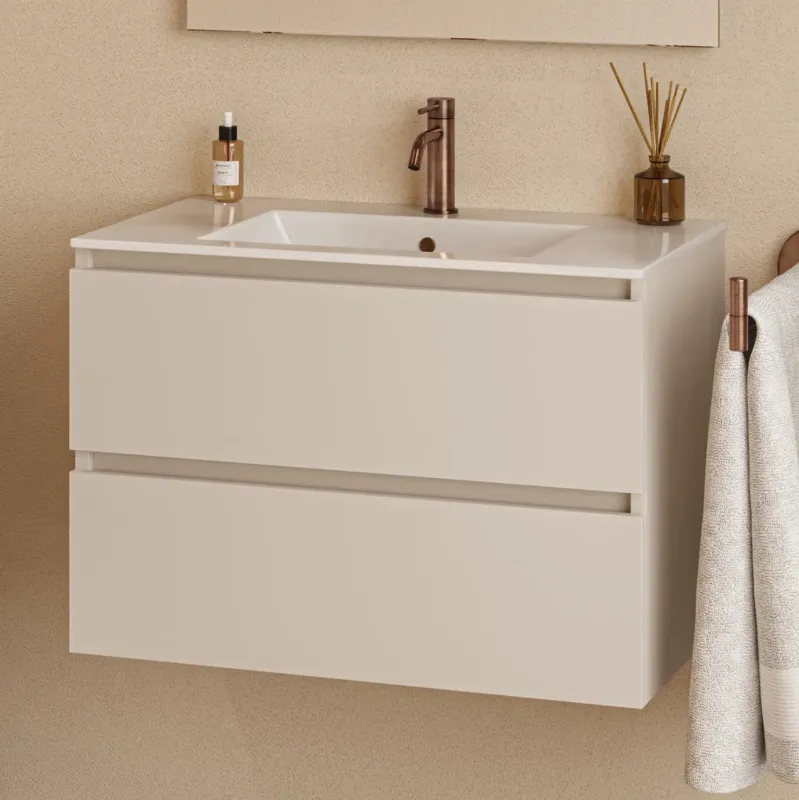 Fontana Rovigo badmeubel 80cm met witte wastafel en kraangat warm linnen Beperkte Voorraad