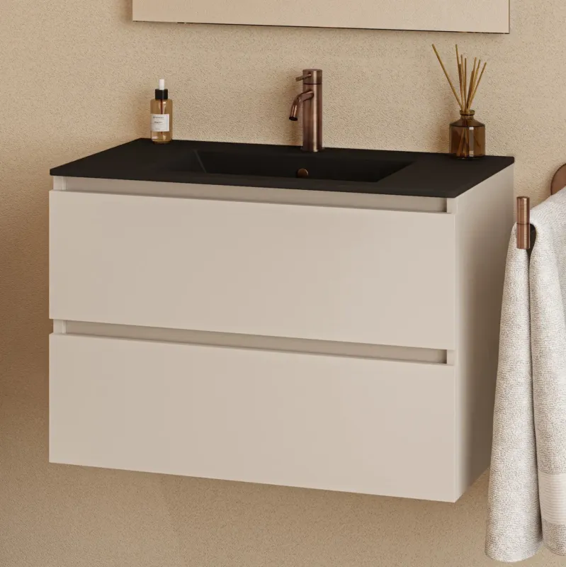 Koop Vandaag Fontana Rovigo badmeubel 80cm met zwarte wastafel en kraangat warm linnen