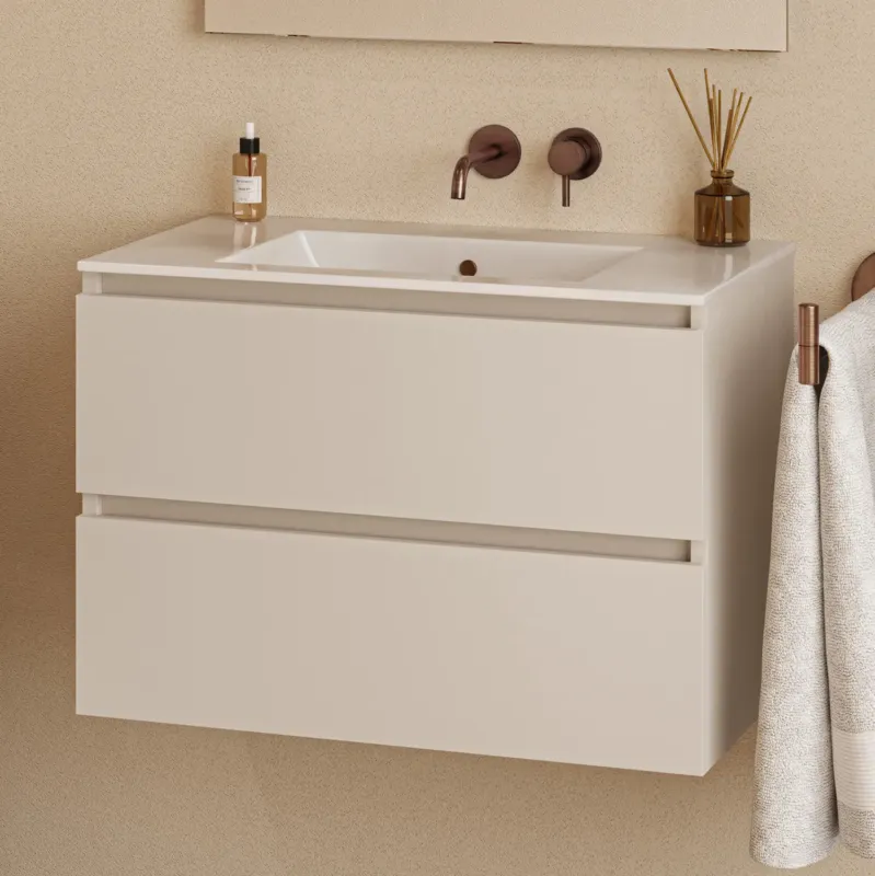 Direct Verzonden Fontana Rovigo badmeubel 80cm met witte wastafel zonder kraangat warm linnen