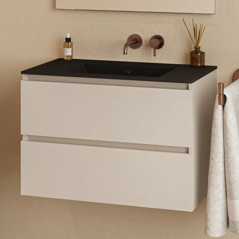 Korting Fontana Rovigo badmeubel 80cm met zwarte wastafel zonder kraangat warm linnen