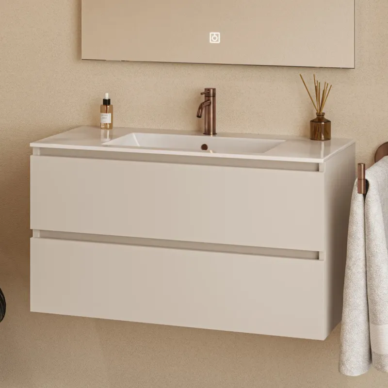 Direct Verzonden Fontana Rovigo badmeubel 100cm met witte wastafel en kraangat warm linnen