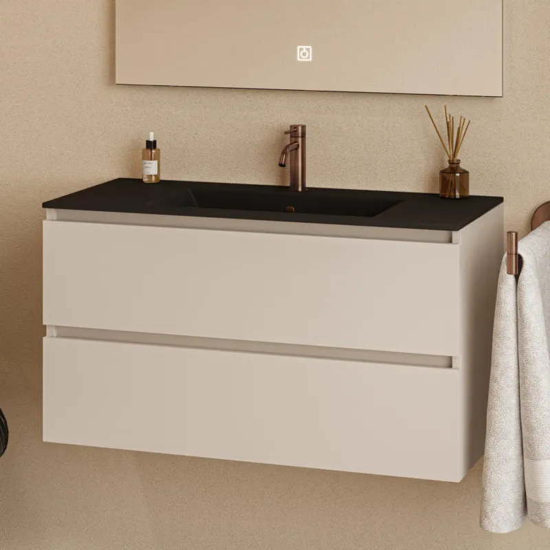 Aanbieding Fontana Rovigo badmeubel 100cm met zwarte wastafel en kraangat warm linnen