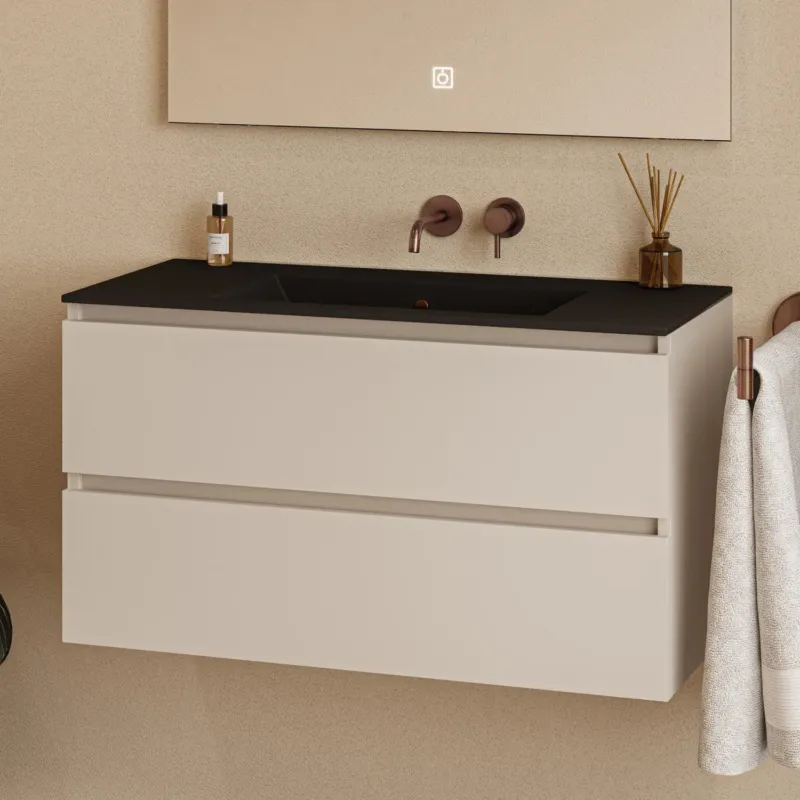 Fontana Rovigo badmeubel 100cm met zwarte wastafel zonder kraangat warm linnen Lage Prijs