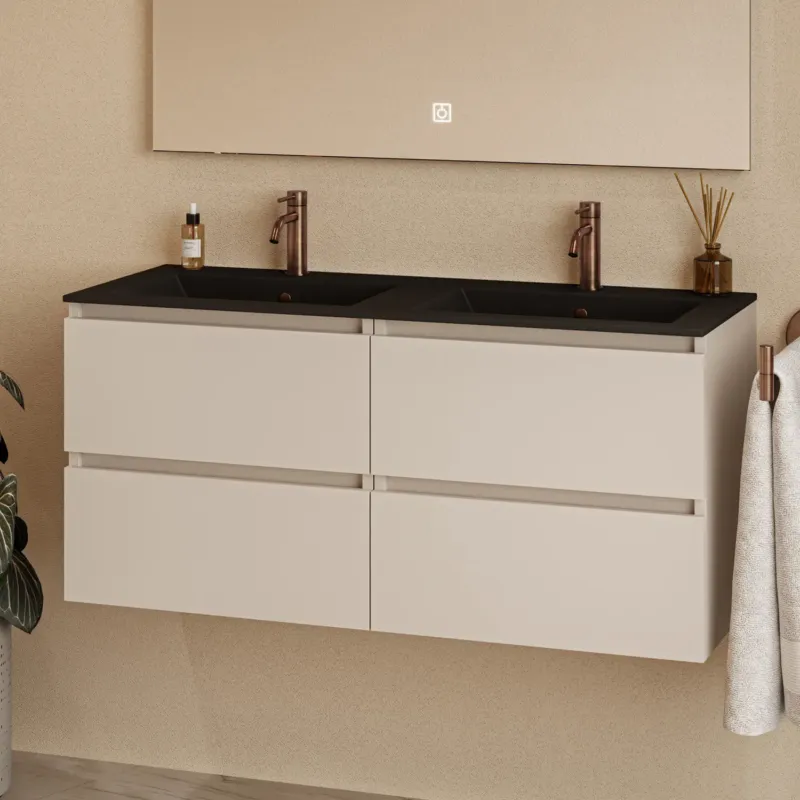 Fontana Rovigo badmeubel 120cm met zwarte wastafel met kraangaten warm linnen Gratis Retour