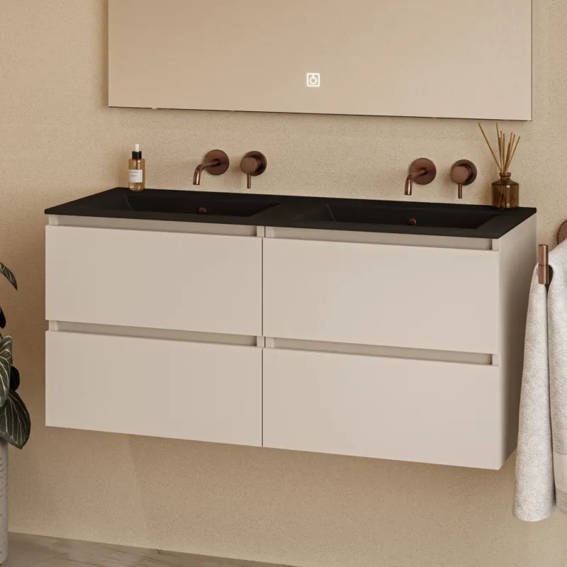 Fontana Rovigo badmeubel 120cm met zwarte wastafel zonder kraangaten warm linnen Op = Op