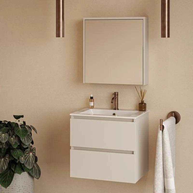 Beperkt Aanbod Fontana Rovigo badmeubel 60cm warm linnen met witte wastafel met kraangat en spiegelkast zonder verlichting