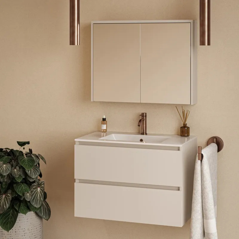 Lage Prijs Fontana Rovigo badmeubel 80cm warm linnen met witte wastafel met kraangat en spiegelkast zonder verlichting