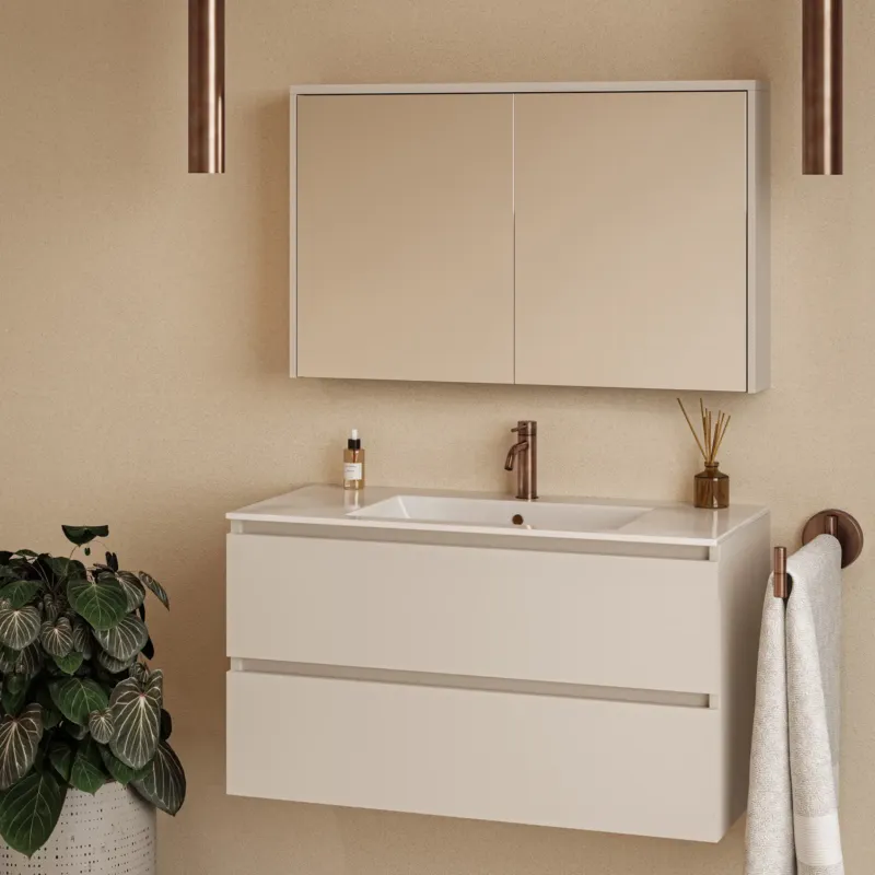 Koopje Fontana Rovigo badmeubel 100cm warm linnen met witte wastafel met kraangat en spiegelkast zonder verlichting