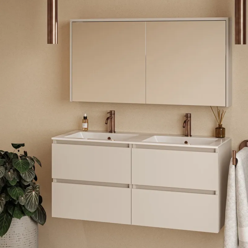 Fontana Rovigo badmeubel 120cm warm linnen met witte wastafel met kraangaten en spiegelkast zonder verlichting Fabrieksprijs