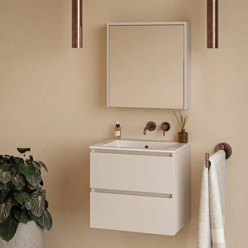 Fontana Rovigo badmeubel 60cm warm linnen met witte wastafel zonder kraangat en spiegelkast zonder verlichting Nu Kopen
