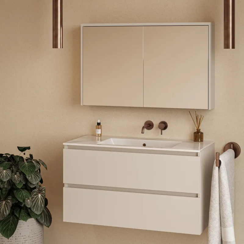 Fontana Rovigo badmeubel 100cm warm linnen met witte wastafel zonder kraangat en spiegelkast zonder verlichting Shop Nu