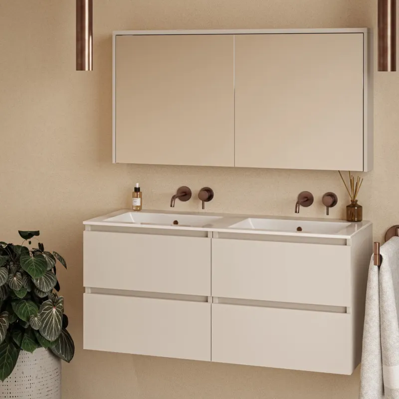Lage Kosten Fontana Rovigo badmeubel 120cm warm linnen met witte wastafel zonder kraangaten en spiegelkast zonder verlichting