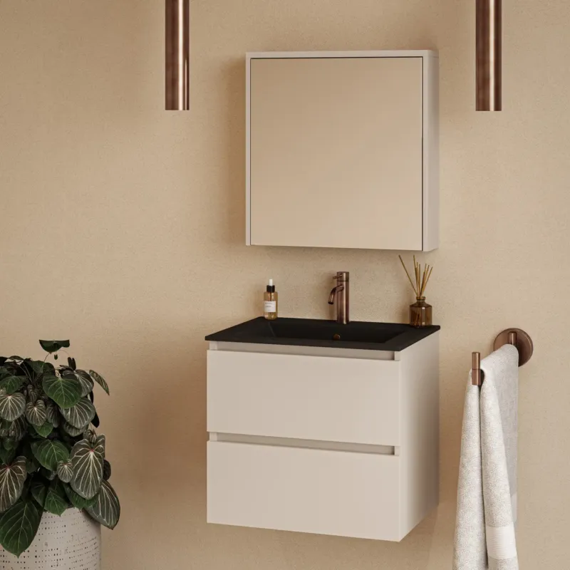 Bestel Nu Fontana Rovigo badmeubel 60cm warm linnen met zwarte wastafel met kraangat en spiegelkast zonder verlichting