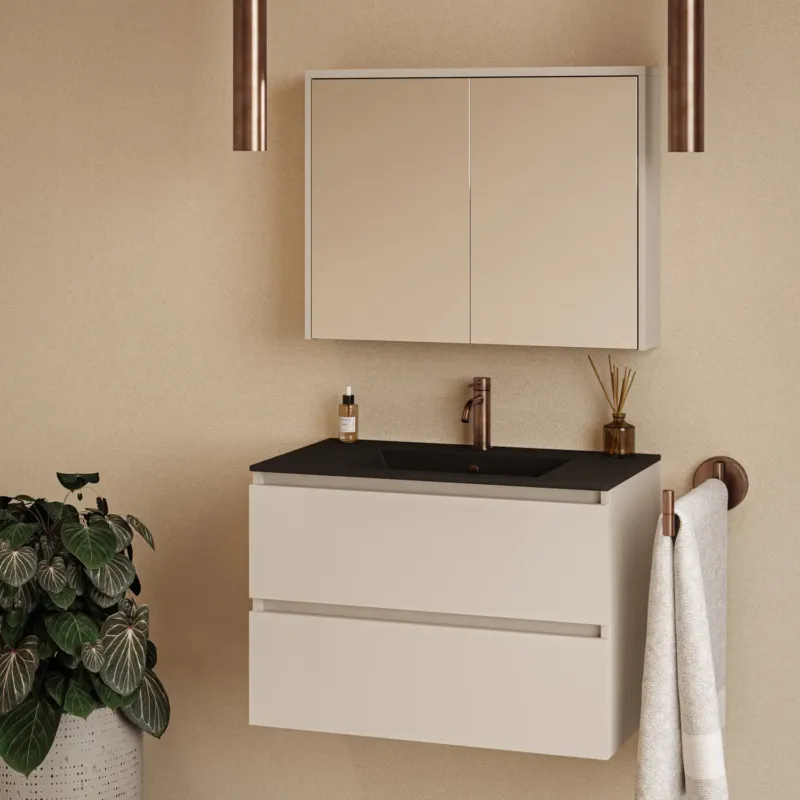 Uitverkoop Fontana Rovigo badmeubel 80cm warm linnen met zwarte wastafel met kraangat en spiegelkast zonder verlichting