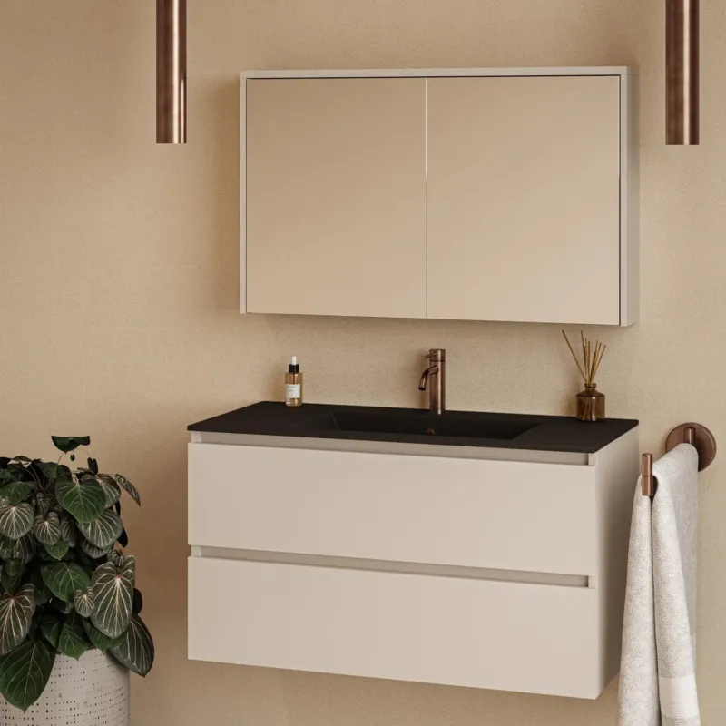 Fontana Rovigo badmeubel 100cm warm linnen met zwarte wastafel met kraangat en spiegelkast zonder verlichting Goedkoop