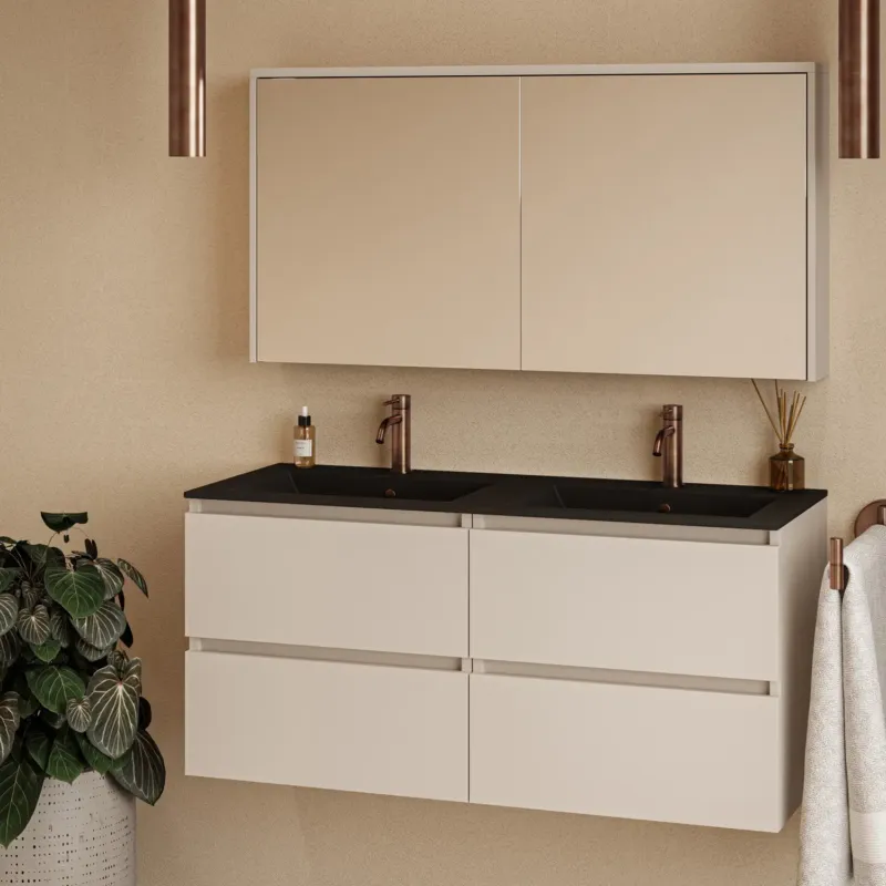 Fontana Rovigo badmeubel 120cm warm linnen met zwarte wastafel met kraangaten en spiegelkast zonder verlichting Direct Verzonden
