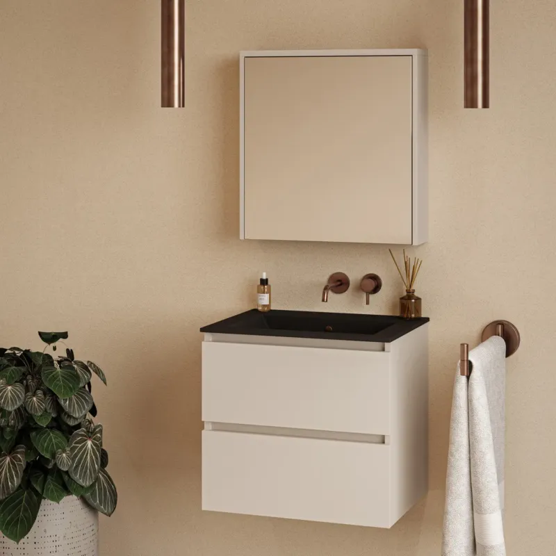 Fontana Rovigo badmeubel 60cm warm linnen met zwarte wastafel zonder kraangat en spiegelkast zonder verlichting Nieuw