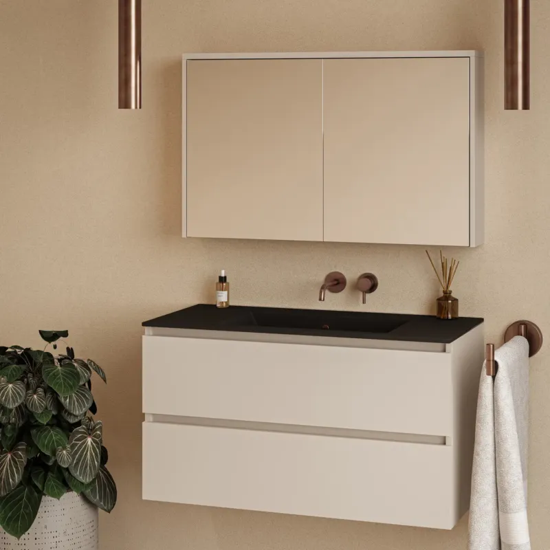 Fontana Rovigo badmeubel 100cm warm linnen met zwarte wastafel zonder kraangat en spiegelkast zonder verlichting Direct Beschikbaar