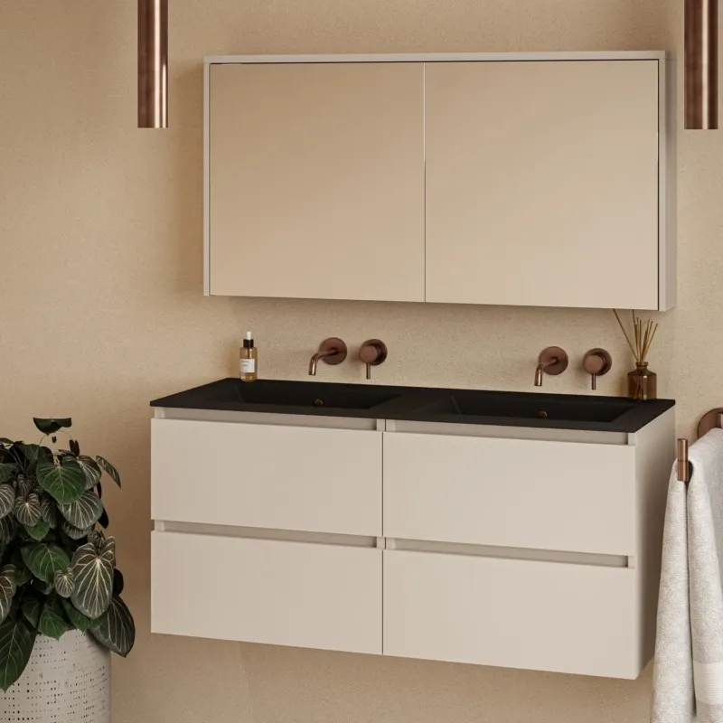 Fontana Rovigo badmeubel 120cm warm linnen met zwarte wastafel zonder kraangaten en spiegelkast zonder verlichting Premium