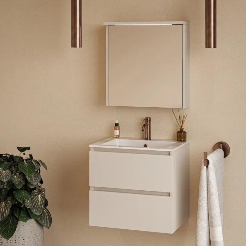 Koop Online Fontana Rovigo badmeubel 60cm warm linnen met witte wastafel met kraangat en spiegelkast met verlichting