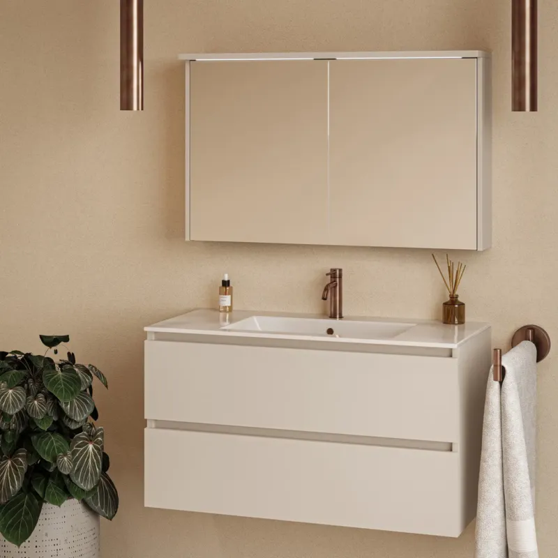 Fontana Rovigo badmeubel 100cm warm linnen met witte wastafel met kraangat en spiegelkast met verlichting Beperkt Aanbod