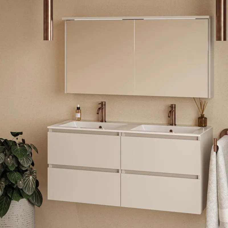 Fontana Rovigo badmeubel 120cm warm linnen met witte wastafel met kraangaten en spiegelkast met verlichting Premium