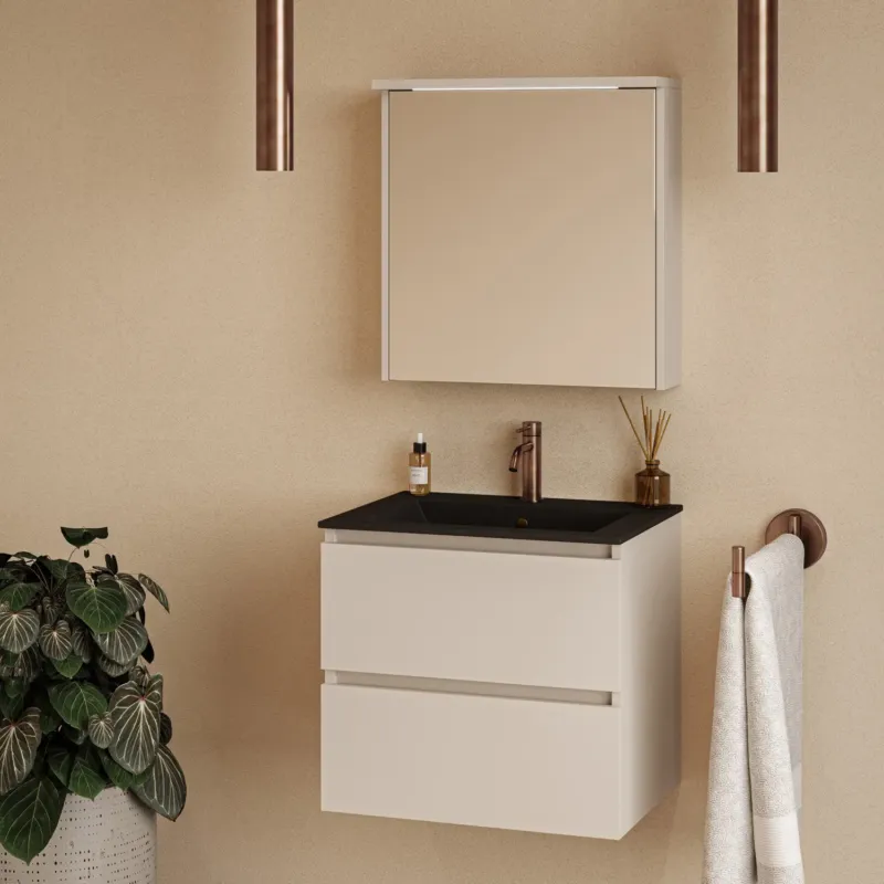 Koopje Fontana Rovigo badmeubel 60cm warm linnen met zwarte wastafel met kraangat en spiegelkast met verlichting