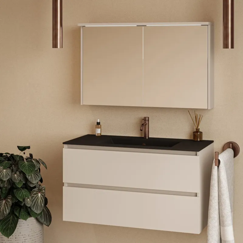 Fontana Rovigo badmeubel 100cm warm linnen met zwarte wastafel met kraangat en spiegelkast met verlichting Direct Verzonden