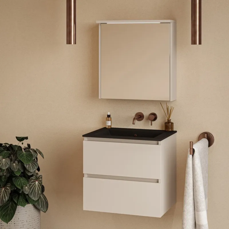 Hoge Kwaliteit Fontana Rovigo badmeubel 60cm warm linnen met zwarte wastafel zonder kraangat en spiegelkast met verlichting