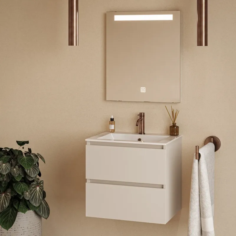 Rechtstreeks Van De Fabrikant Fontana Rovigo badmeubel 60cm warm linnen met witte wastafel met kraangat en spiegel met verlichting