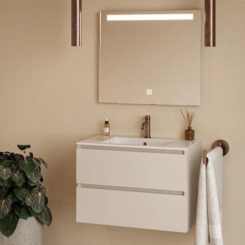 Populair Fontana Rovigo badmeubel 80cm warm linnen met witte wastafel met kraangat en spiegel met verlichting