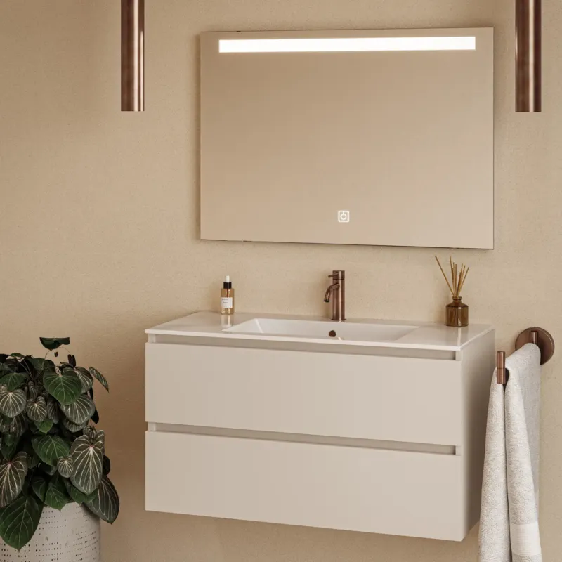 Aanbieding Fontana Rovigo badmeubel 100cm warm linnen met witte wastafel met kraangat en spiegel met verlichting
