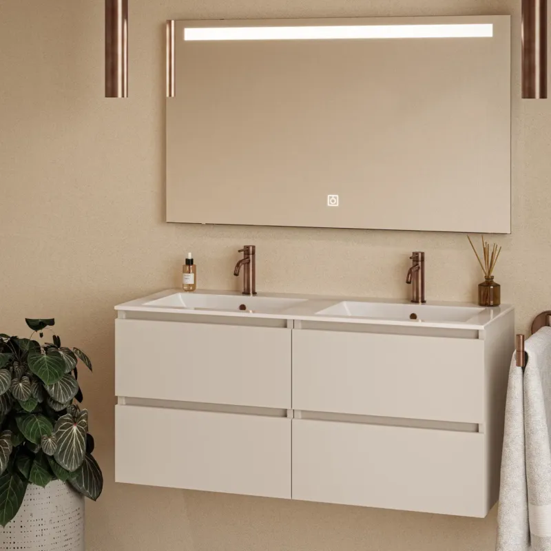 Lage Kosten Fontana Rovigo badmeubel 120cm warm linnen met witte wastafel met kraangaten en spiegel met verlichting