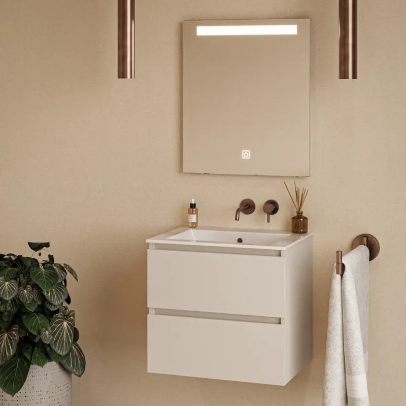Koopje Fontana Rovigo badmeubel 60cm warm linnen met witte wastafel zonder kraangat en spiegel met verlichting
