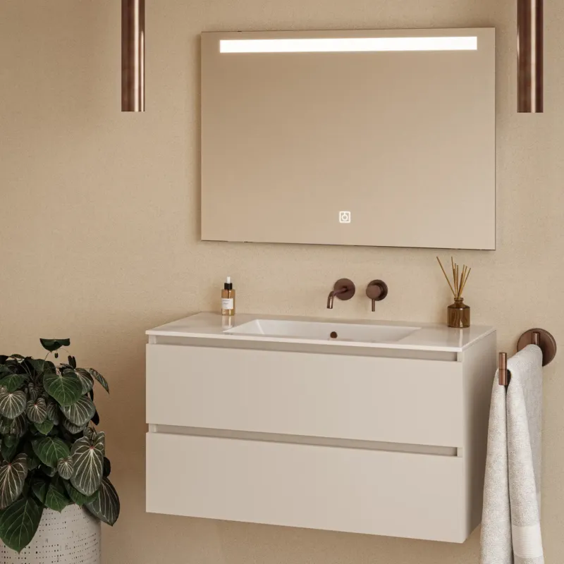 Fontana Rovigo badmeubel 100cm warm linnen met witte wastafel zonder kraangat en spiegel met verlichting Meest Verkocht