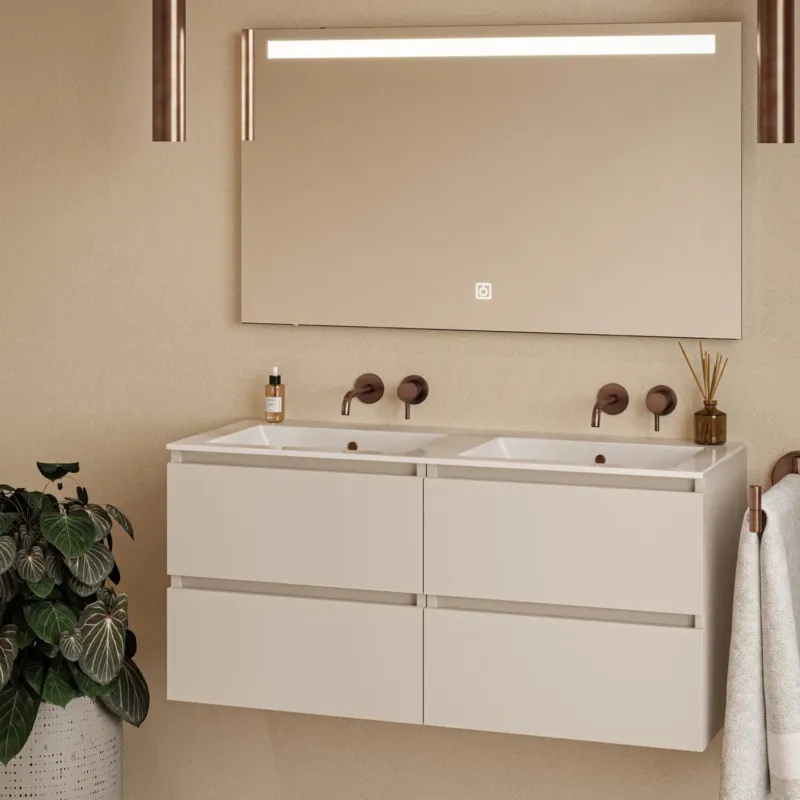Fontana Rovigo badmeubel 120cm warm linnen met witte wastafel zonder kraangaten en spiegel met verlichting Exclusieve Aanbieding