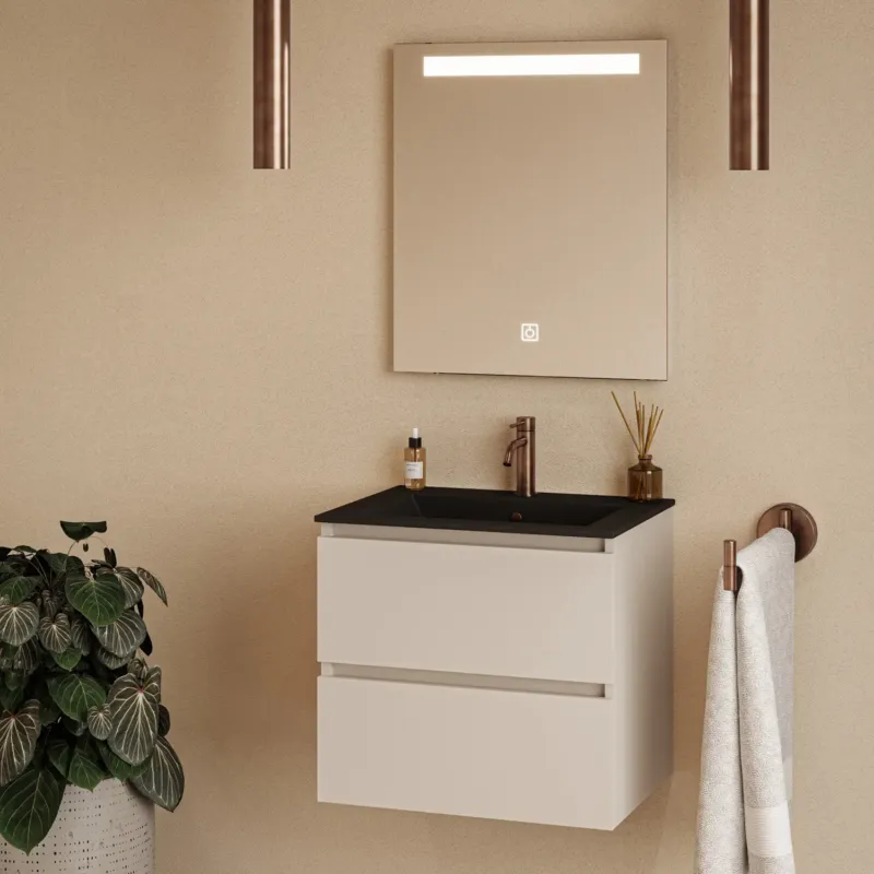 Fontana Rovigo badmeubel 60cm warm linnen met zwarte wastafel met kraangat en spiegel met verlichting Lage Prijs