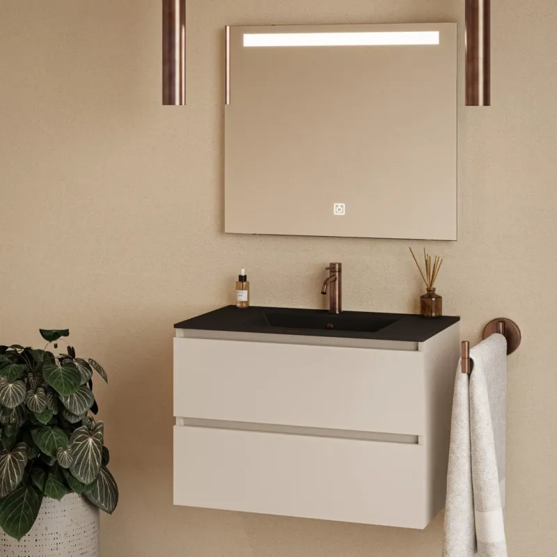 Actieprijs Fontana Rovigo badmeubel 80cm warm linnen met zwarte wastafel met kraangat en spiegel met verlichting