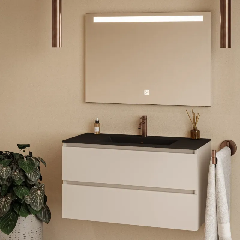 Beste Prijs Fontana Rovigo badmeubel 100cm warm linnen met zwarte wastafel met kraangat en spiegel met verlichting