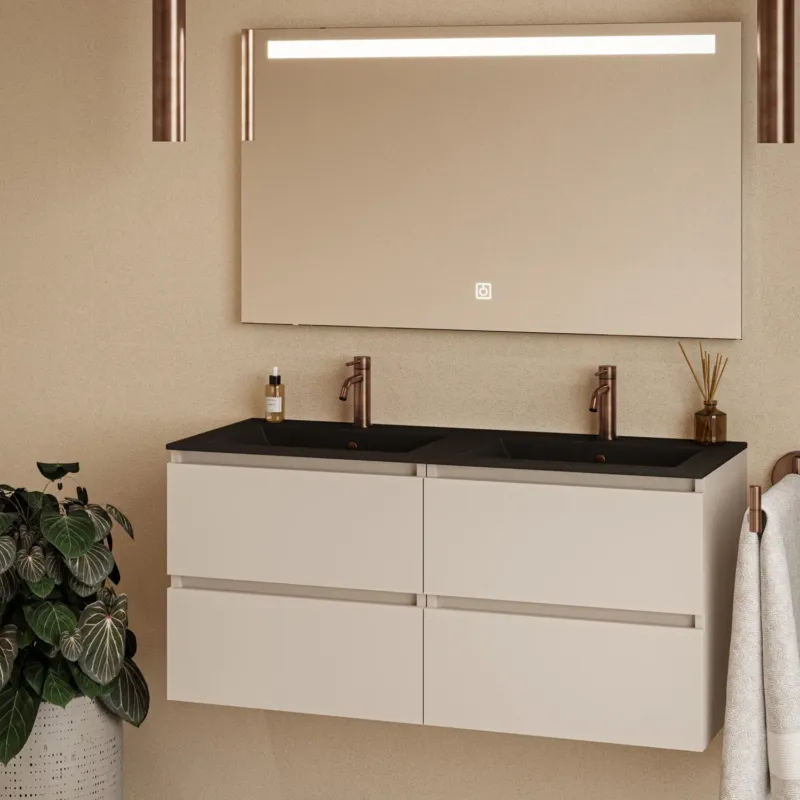 Laatste Kans Fontana Rovigo badmeubel 120cm warm linnen met zwarte wastafel met kraangaten en spiegel met verlichting