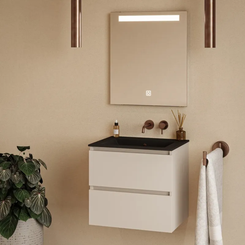 Fontana Rovigo badmeubel 60cm warm linnen met zwarte wastafel zonder kraangat en spiegel met verlichting Koop Online