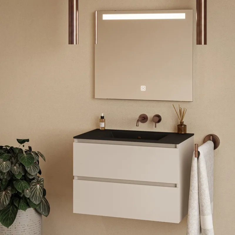 Bestel Nu Fontana Rovigo badmeubel 80cm warm linnen met zwarte wastafel zonder kraangat en spiegel met verlichting