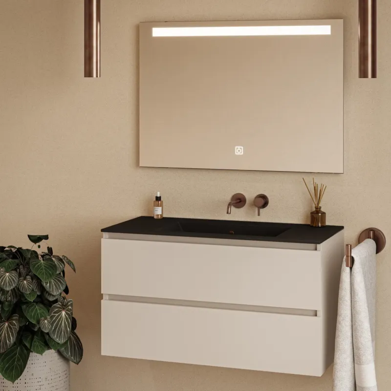 Direct Beschikbaar Fontana Rovigo badmeubel 100cm warm linnen met zwarte wastafel zonder kraangat en spiegel met verlichting